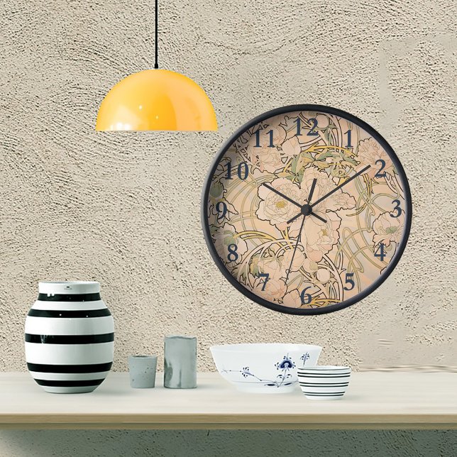 Classic Art Nouveau Peony Garden Pattern by Mucha Round Clock (Creator Uploaded)