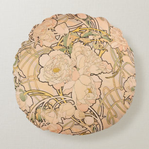 Classic Art Nouveau Peony Garden Pattern by Mucha Round Pillow