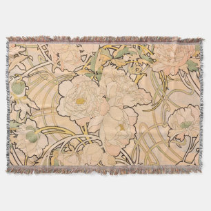 Classic Art Nouveau Peony Garden Pattern by Mucha Throw Blanket