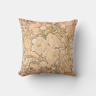 Classic Art Nouveau Peony Garden Pattern by Mucha Throw Pillow