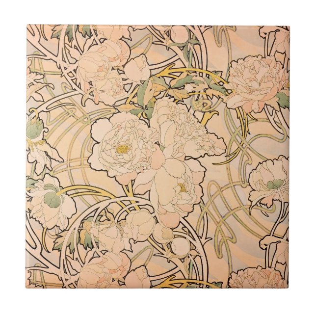 Classic Art Nouveau Peony Garden Pattern by Mucha Tile (Front)