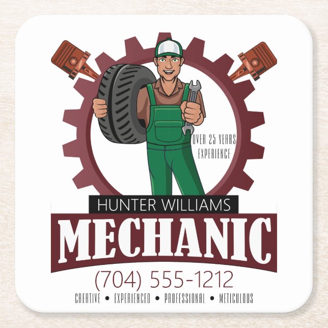 Classic Auto Mechanic Garage Business Marketing Square Paper Coaster (Front)