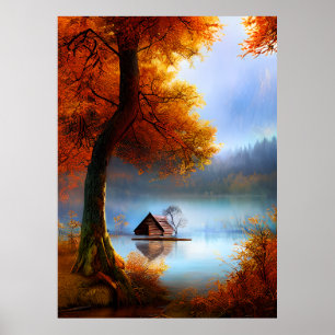 Classic Autumn a hut a Lake trees crimson leaves Poster