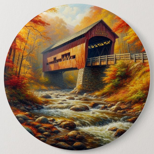 classic, autumn covered bridge 6 inch round button (Front)