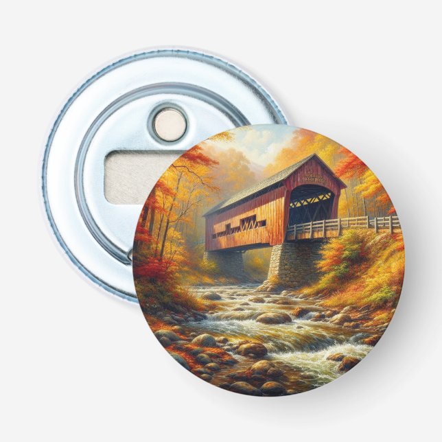classic, autumn covered bridge bottle opener (Front)