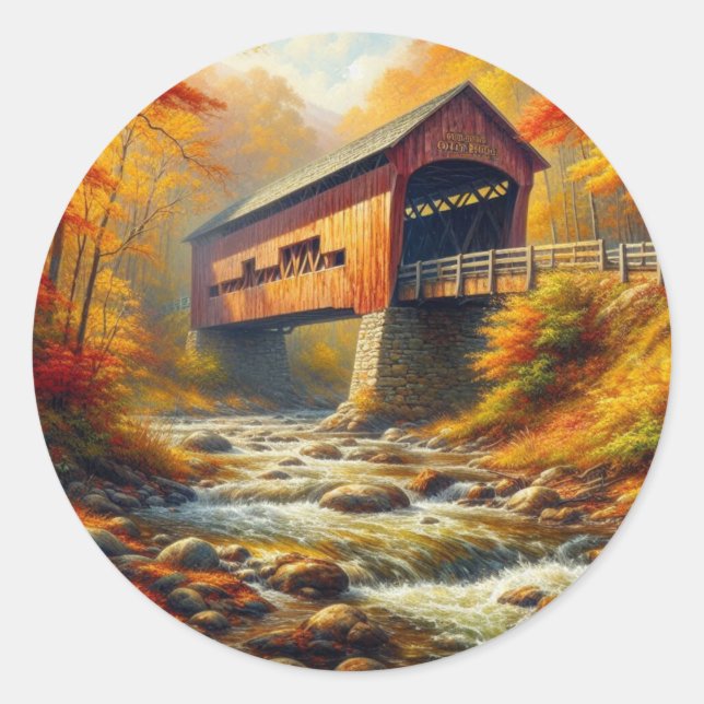 classic, autumn covered bridge classic round sticker (Front)