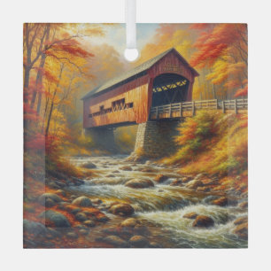 classic, autumn covered bridge glass ornament