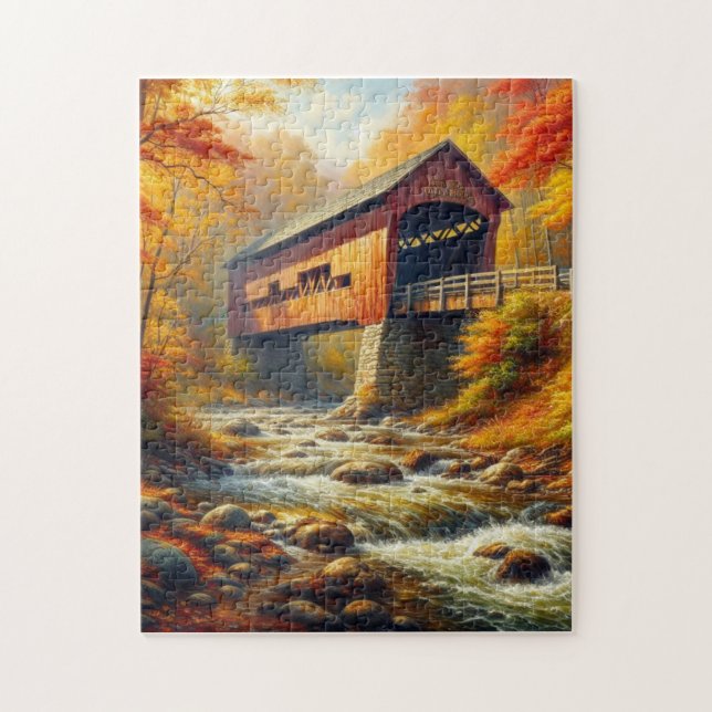 classic, autumn covered bridge jigsaw puzzle (Vertical)
