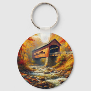 classic, autumn covered bridge keychain