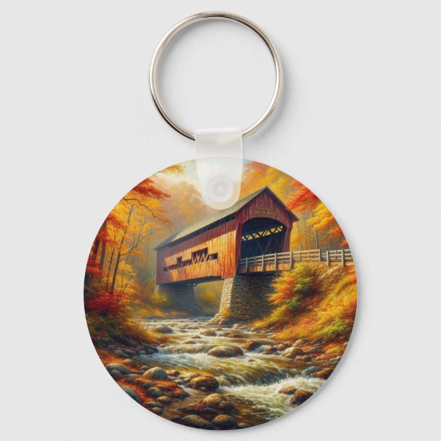classic, autumn covered bridge keychain (Front)