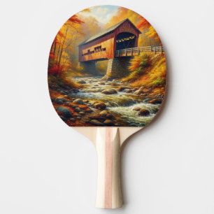 classic, autumn covered bridge ping pong paddle