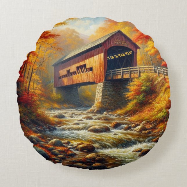 classic, autumn covered bridge round pillow (Front)