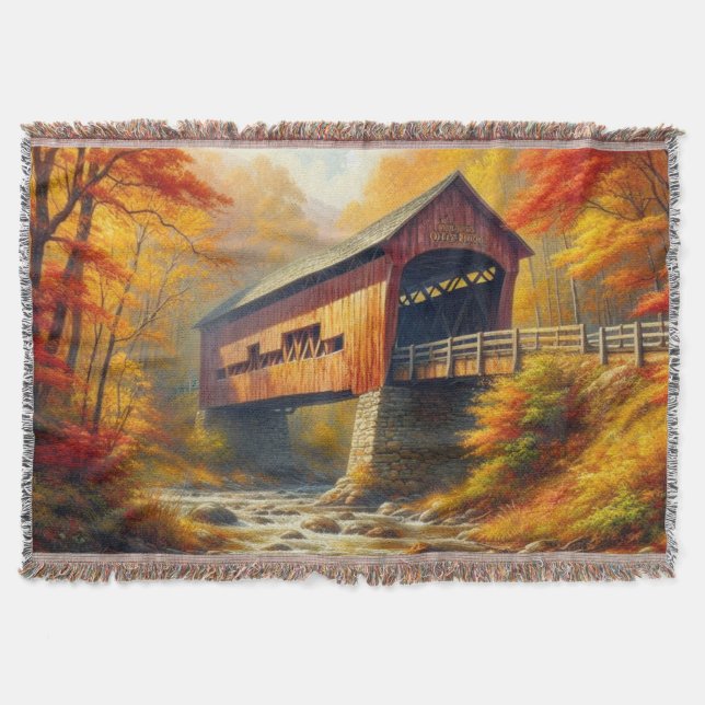 classic, autumn covered bridge throw blanket (Front)