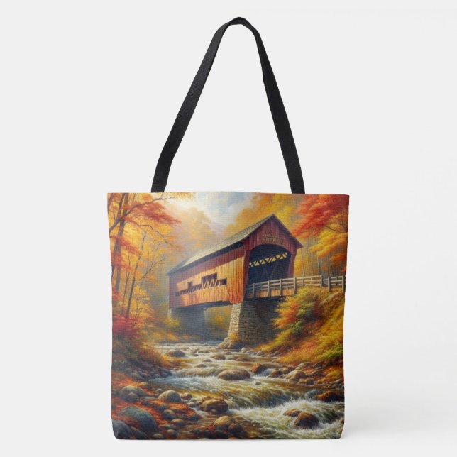 classic, autumn covered bridge tote bag (Front)