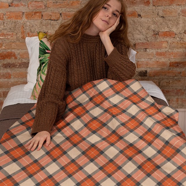 Classic Autumn Pumpkin Orange Brown Tartan Pattern Fleece Blanket (Creator Uploaded)