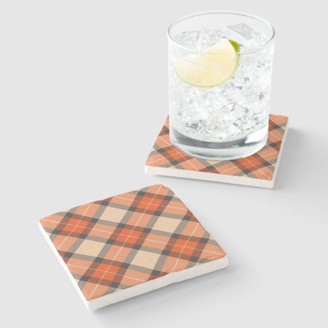 Classic Autumn Pumpkin Orange Brown Tartan Pattern Stone Coaster (Side)