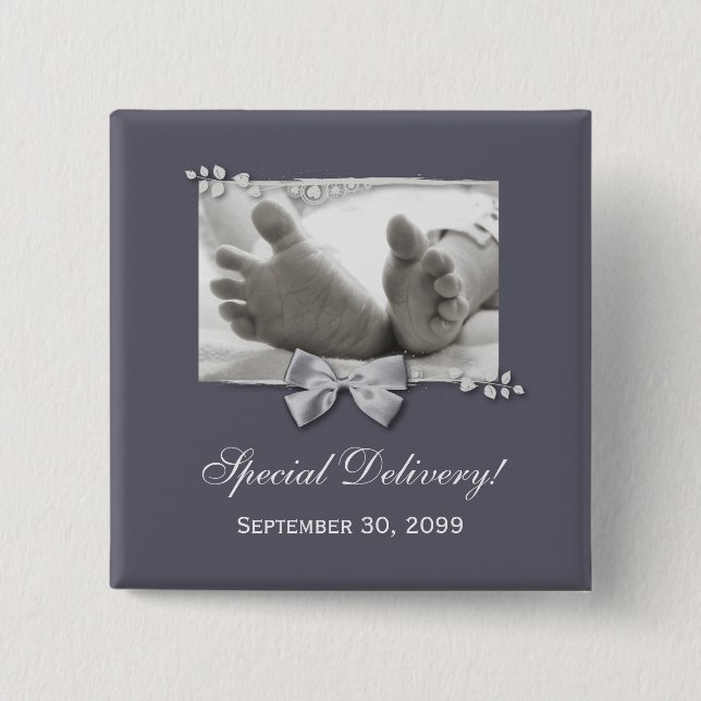 Classic Baby Feet Elegant Birth Announcement 2 Inch Square Button (Front)