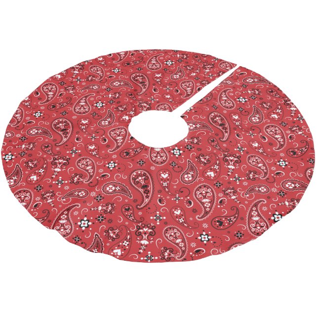 Classic Bandana Red Paisley Brushed Polyester Tree Skirt (Angled)