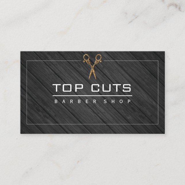 Classic Barber Shop Wood Fancy Scissors Business Card (Front)
