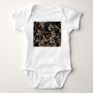 Classic baroque flowers: black background. baby bodysuit
