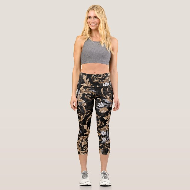 Classic baroque flowers: black background. capri leggings (Front)