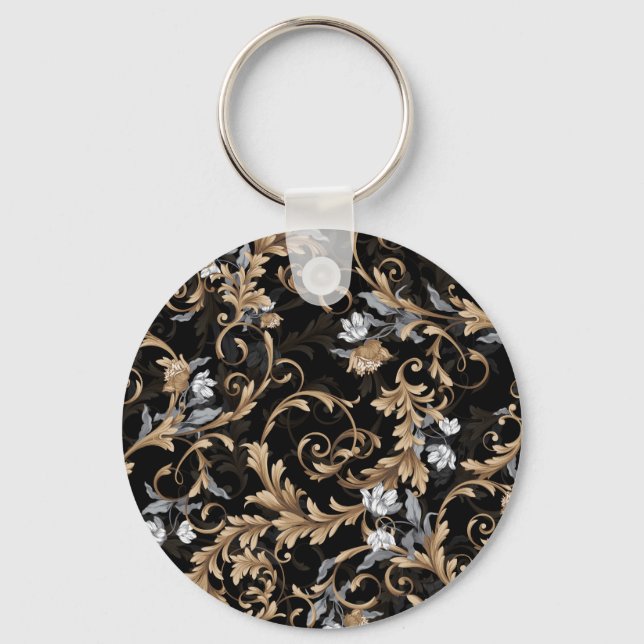 Classic baroque flowers: black background. keychain (Front)