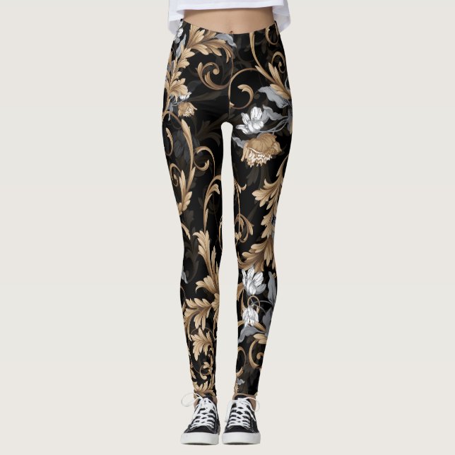 Classic baroque flowers: black background. leggings (Front)