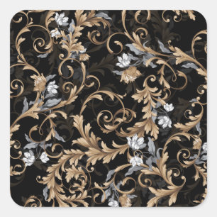 Classic baroque flowers: black background. square sticker