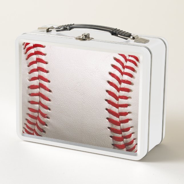 Classic Baseball and Softball Red Stitching Metal Lunch Box (Front)