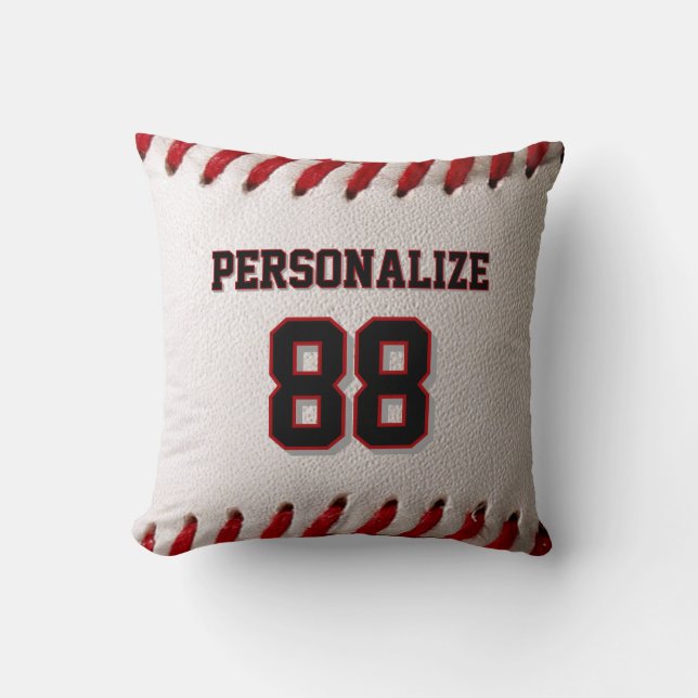 Classic Baseball Stitch Custom Name and Number Throw Pillow (Front)