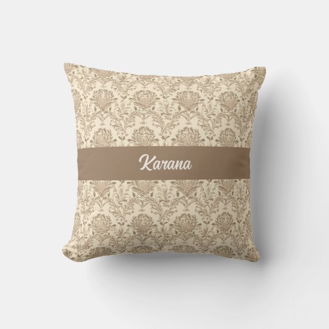 Classic Beige Damask Throw Pillow (Front)
