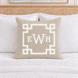 Classic Beige Greek Key Monogram Initial Throw Pillow