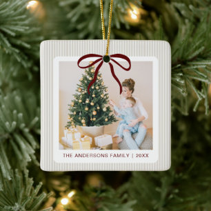 Classic Beige Stripes Red Bow Christmas Ceramic Ornament