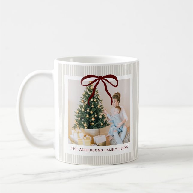 Classic Beige Stripes Red Bow Christmas Coffee Mug (Left)