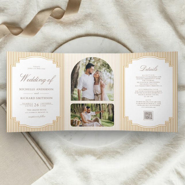 Classic Beige Tan Striped Photo QR Code Wedding Tri-Fold Invitation (Creator Uploaded)