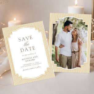 Classic Beige Tan Striped Photo Wedding Save The Date