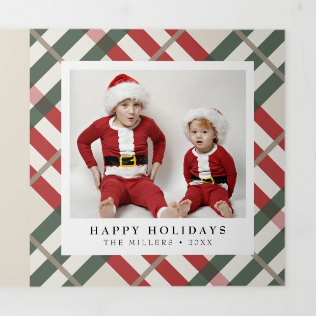Classic Beige Tartan Plaid Christmas Tri-Fold Holiday Card (Cover)