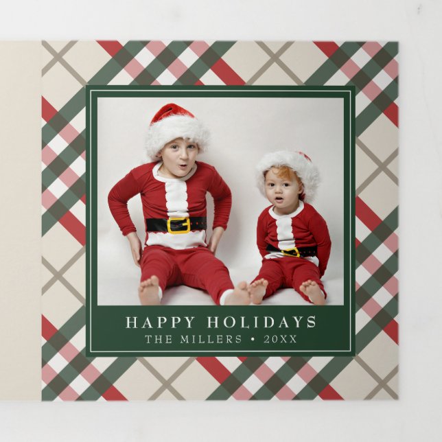 Classic Beige Tartan Plaid Christmas Tri-Fold Holiday Card (Cover)
