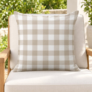 Classic Beige White Gingham Plaid Check Outdoor Pillow