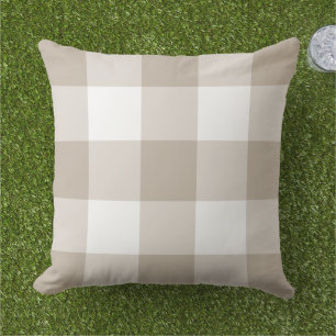 Classic Beige White Large Gingham Check Outdoor Pillow