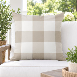 Classic Beige White Large Gingham Check Outdoor Pillow