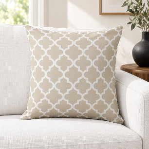 Classic Beige White Quatrefoil Trellis Throw Pillow
