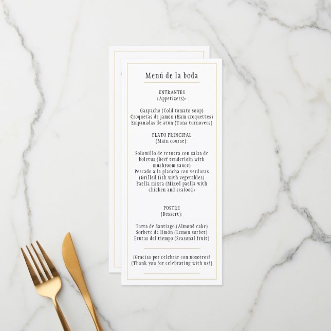 Classic Bilingual White Gold Menu Spanish and Engl (Front/Back In Situ)