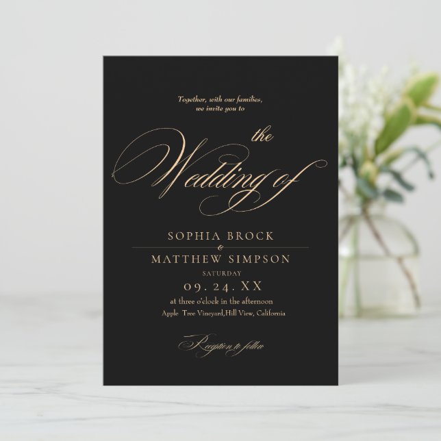Classic Black and Burgundy Script Wedding Invitation (Standing Front)