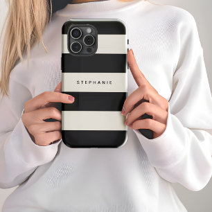 Classic Black and Eggshell White Stripes with Name iPhone 13 Pro Max Case