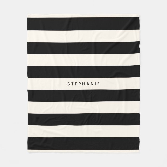 Classic Black and Eggshell White Stripes with Name Fleece Blanket (Front)