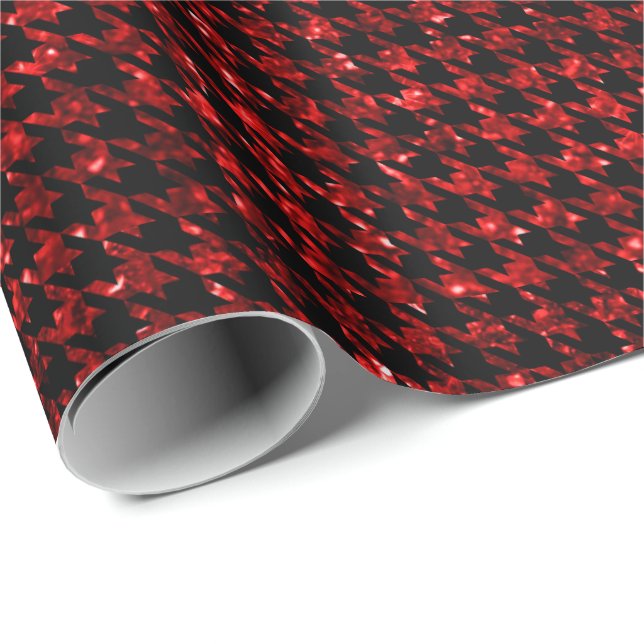 Classic Black and Glitter Red Houndstooth Pattern  Wrapping Paper (Roll Corner)