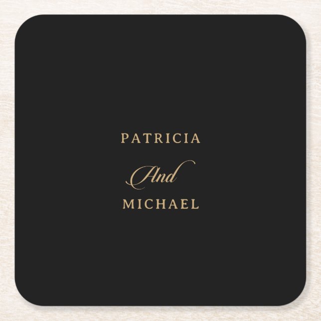 Classic Black and Gold Calligraphy Wedding Square Paper Coaster (Front)