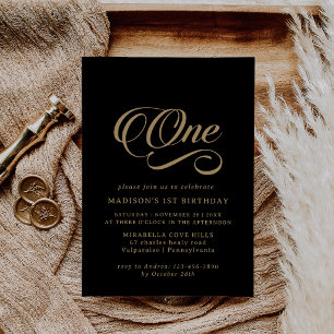Classic Black and Gold Minimal 1st Birthday Invitation