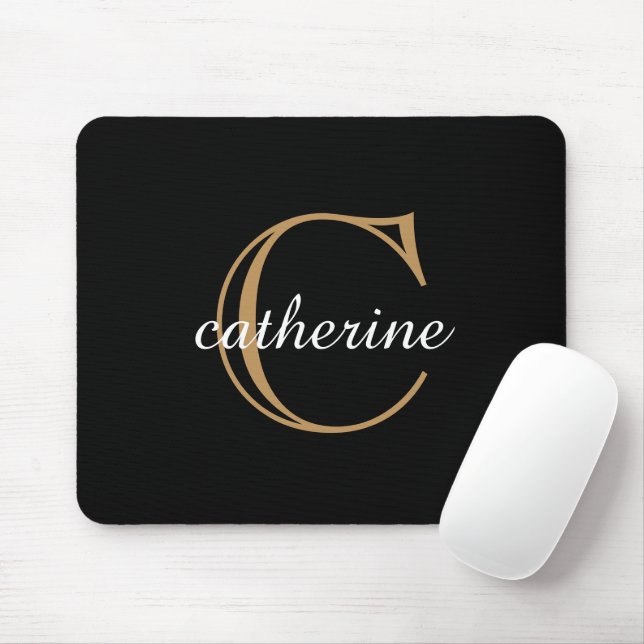 Classic Black and Gold Script Monogram Mouse Pad (With Mouse)